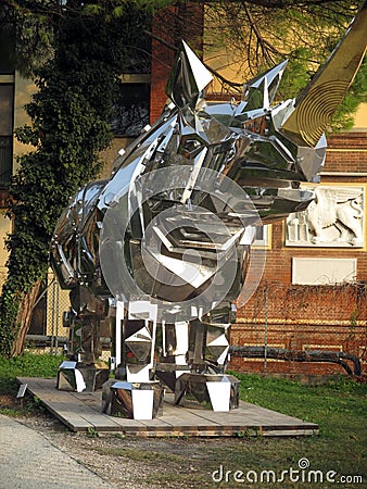 Biennial 2017 Imposing metal sculpture of a rhinoceros Giardini Venice Italy Editorial Stock Photo