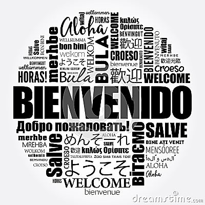 Bienvenido (Welcome in Spanish) word cloud in different languages, conceptual background Stock Photo