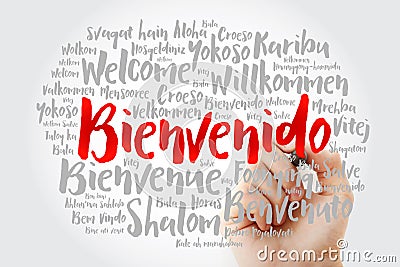 Bienvenido Welcome in Spanish word cloud with marker in different languages, conceptual background Stock Photo