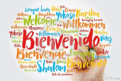 Bienvenido Welcome in Spanish word cloud with marker in different languages, conceptual background Stock Photo
