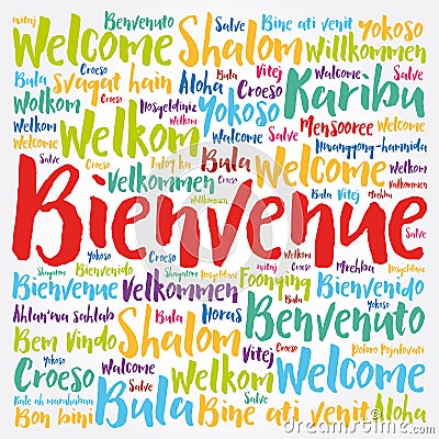 Bienvenue (Welcome in French) word cloud in different languages, conceptual background Stock Photo