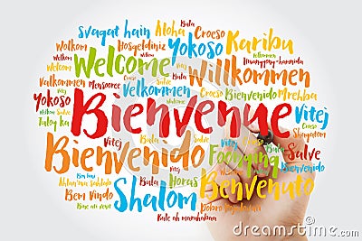 Bienvenue Welcome in French word cloud with marker in different languages, conceptual background Stock Photo