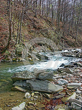 Bieszczady Mountains, Wild Nature of Poland, rocky stream, stone water cascades Stock Photo