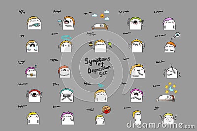 Bif depression symptoms set hand drawn vector illustrations with cartoon comic people man sad dull lost broken crying Vector Illustration