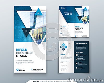 Bifold brochure design. Blue template for bi fold flyer. Layout with modern triangle photo and abstract background Vector Illustration