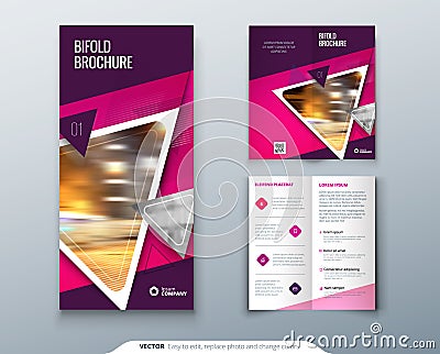 Bifold brochure design. Pink, purple template for bi fold flyer. Layout with modern triangle photo and abstract Vector Illustration