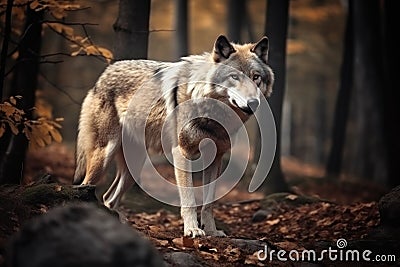 Big, angry and hungry wolf in the forest. Generative AI Stock Photo