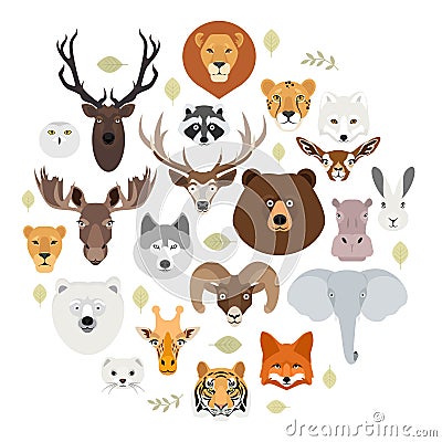 Big animal face icon set. Cartoon heads of fox, rhino, bear, raccoon, hare, lion, owl, rabbit, wolf, hippo, elephant Vector Illustration