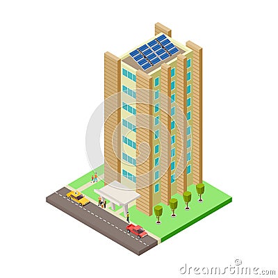 Big apartment house, cars, taxi and people isometric vector illustration Vector Illustration