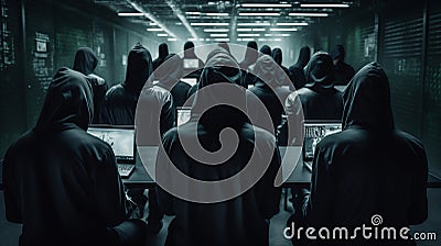 big army of hackers, who are working with laptops to perform various activities related to cyberattacks, espionage, or Stock Photo