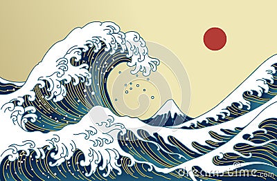 Japan great wave vector illustration. Golden line. Vector Illustration