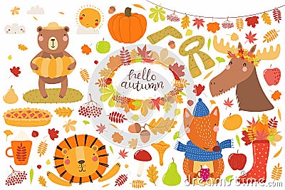 Big autumn set with cute animals Vector Illustration