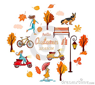 Big autumn set. Yellow leaves, trees, bench lantern, girl. Vector Illustration