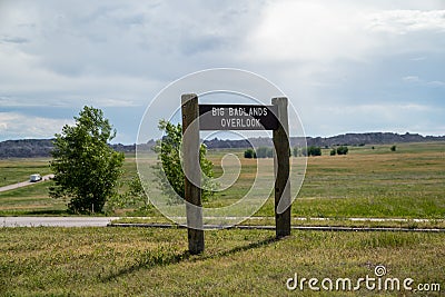 Big Badlands Overlook in Badlands National Park, sign for the pullout in South Dakota Stock Photo