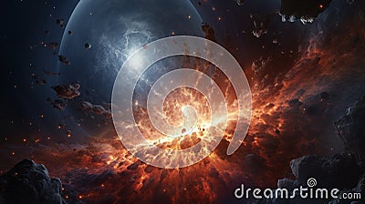 Big Bang. Explosions in space with fiery flashes. A digital art representation of cosmic burst. Big cosmic explosion in Stock Photo