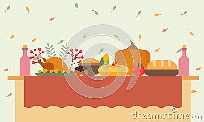 Big banquet table with drinks and eating fruit Cartoon Illustration