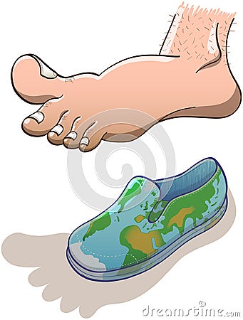 Big barefoot hovering over a small world map shoe Vector Illustration