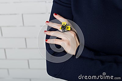 Big beautiful ring on her finger , Handmade Jewelry Stock Photo