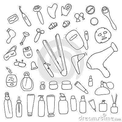 Big Beauty set. Skin care and beauty signs, beauty tools, spa salon and self-care icons. Vector doodle illustration Vector Illustration