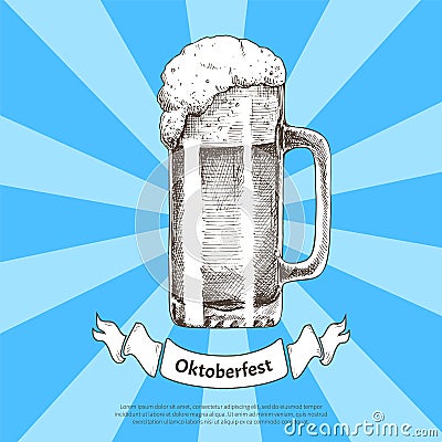 Big Beer Mug Sketch with Oktoberfest Ribbon Poster Vector Illustration