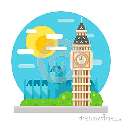 Big Ben clock tower flat design landmark Vector Illustration