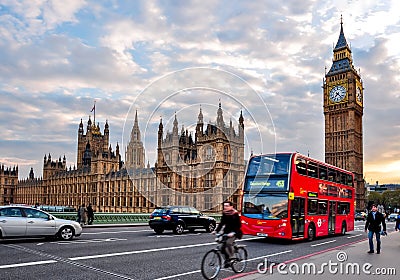 Big Ben and doubledecker bus on Westminster bridge at sunset, London, UK Editorial Stock Photo
