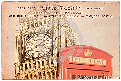Big Ben and a red english phone booth in London, UK, collage on sepia vintage postcard background, word postcard in severa Stock Photo