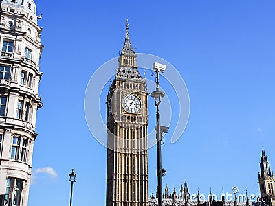 Big Ben tower, the famous Great Bell of the striking clock of the Palace of Westminster in gothic style Editorial Stock Photo