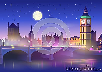 Big Ben and westminster bridge in London at night. Vector illustration in cartoon style Vector Illustration