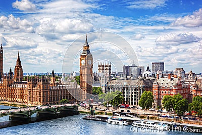 Big Ben, Westminster Bridge on River Thames in London, the UK. Sunny day Stock Photo