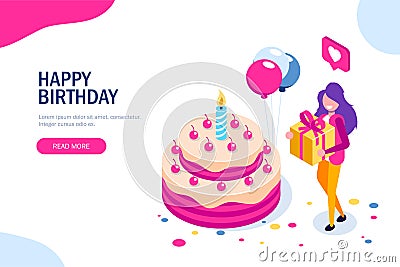 Big birthday cake isometric concept. Happy girl with a gift in hand celebrates the holiday. Can use for web banner Vector Illustration