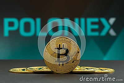A big Bitcoin cryptocurrency coin in the centre and other bitcoin coins from both side in front of Poloniex crypto market . The Cartoon Illustration