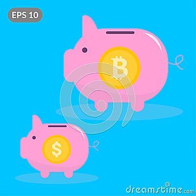 Big bitcoin piggy bank with small dollar piggy bank. The concept of profitability Stock Photo