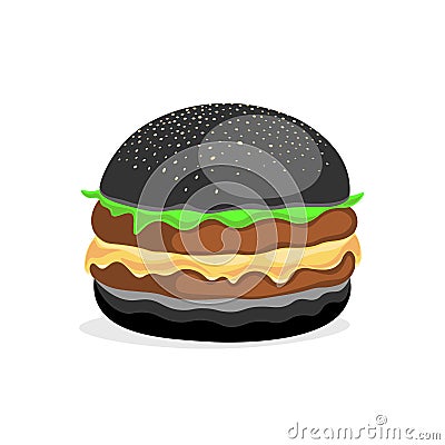 A big black burger that will surprise you with its originality and taste Vector Illustration