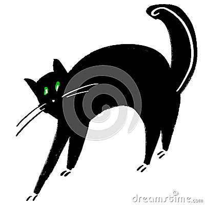 Big black cat arches his back. Big green eyes. Home pet. Funny cartoon character animal, Good Halloween theme design Vector Illustration