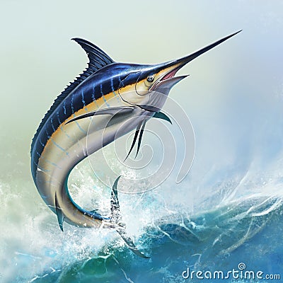 Big black marlin jumps sea waves background. Stock Photo