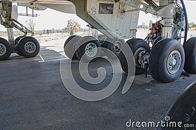 Big black tires of passenger airplane Stock Photo