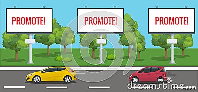 Big Blank Billboard, Poster, Board, Banner template with urban landscape. Large promotional banner with cars and city Vector Illustration