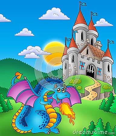 Big blue dragon with medieval castle Cartoon Illustration