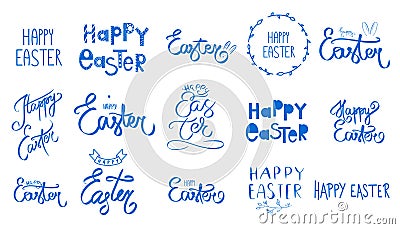 Big blue easter set. Collection Happy Easter Day handwritten sign. Spring style. April Sunday holiday. Hand drawn lettering Vector Illustration