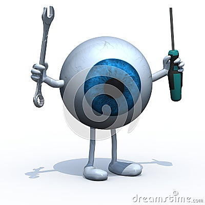 Big blue eyeball with arms, legs and tools on hands Cartoon Illustration