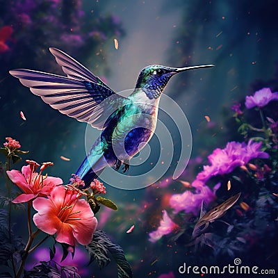 Big blue hummingbird Violet Sabrewing flying next to beautiful pink flower with clear green forest background Cartoon Illustration