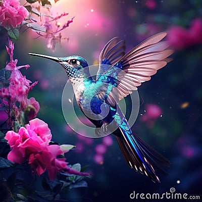 Big blue hummingbird Violet Sabrewing flying next to beautiful pink flower with clear green forest background Cartoon Illustration