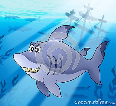 Big blue shark with shipwreck Cartoon Illustration