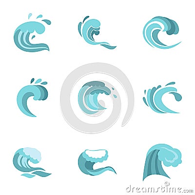Big blue tide icons set, flat style Vector Illustration