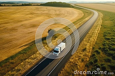 Big blue truck driving fast with a white trailer with blank space for text on a countryside road with other cars against Stock Photo