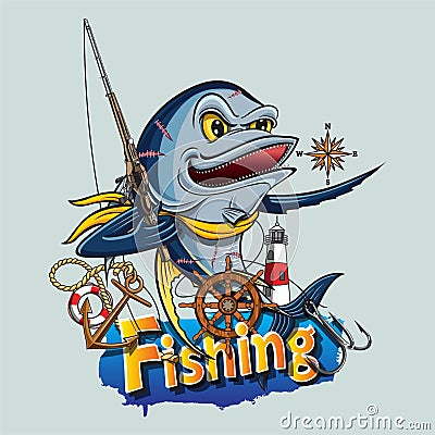 A big blue tuna carrying a fishing rod surrounded by things that are symbolic of the sea. Vector Illustration