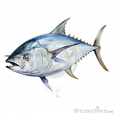 Realistic Tuna Fish Blue Painting On White Background Cartoon Illustration