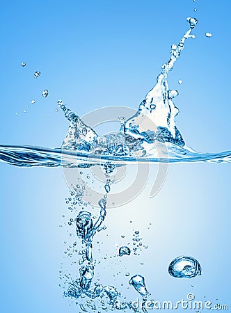 Big blue water splash on the gradient blue water background and with many air bubbles in the water Stock Photo