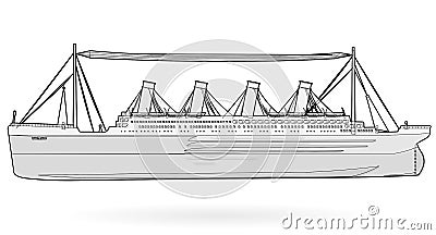 Big boat legendary colossal boat, black and white wire monumental big ship symbol. Vector Illustration